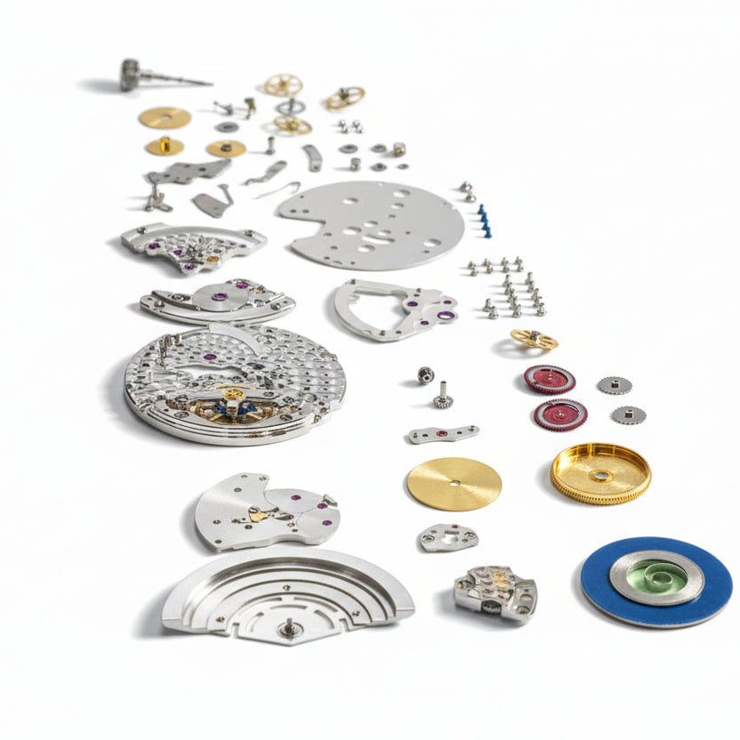 Watch mechanism components on a white background