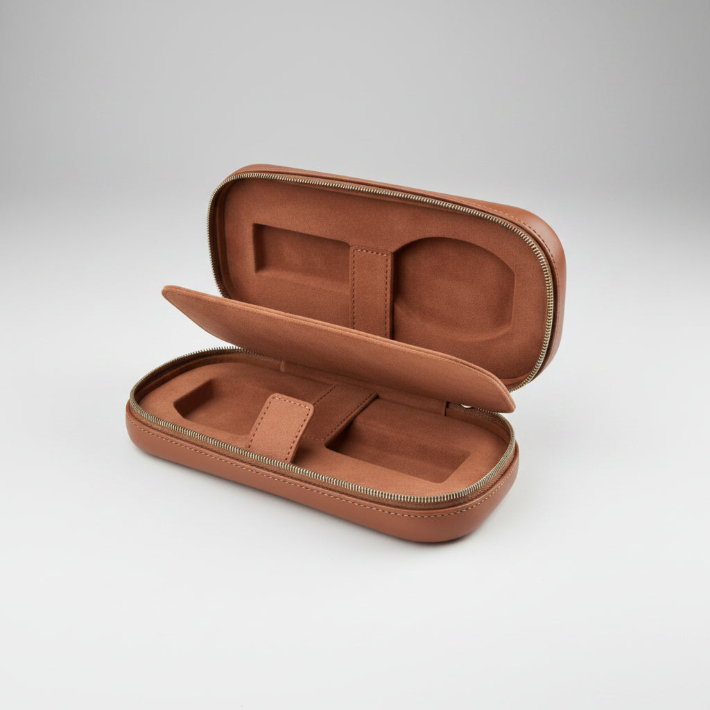 Luxury Zip Pouch 2 Watches Tan
