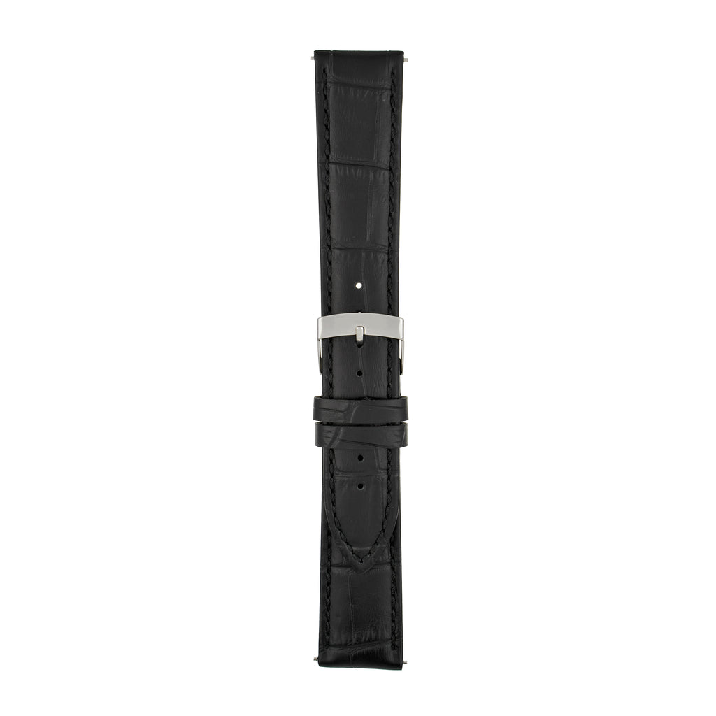 Black watch strap with silver buckle on a white background