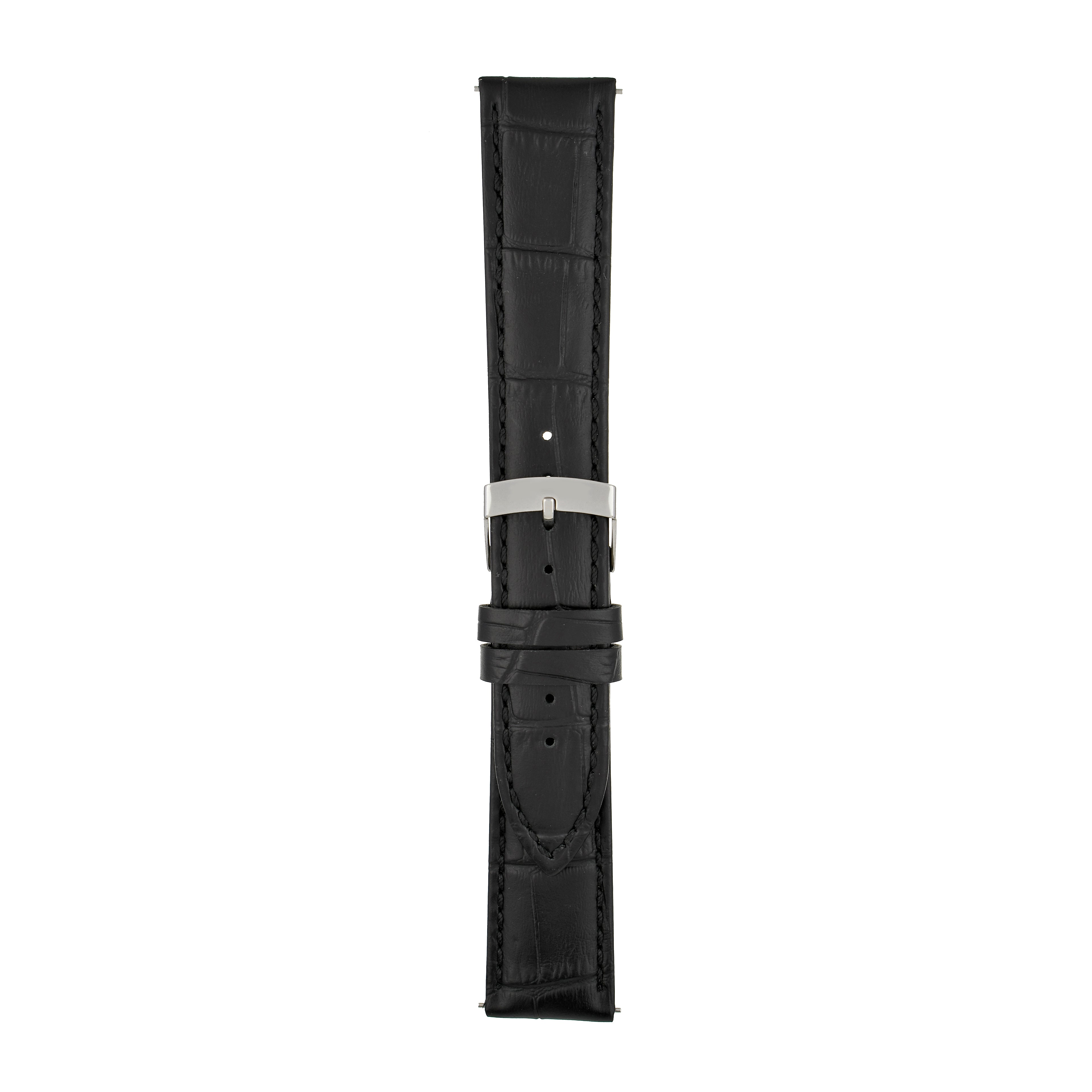Black watch strap with silver buckle on a white background