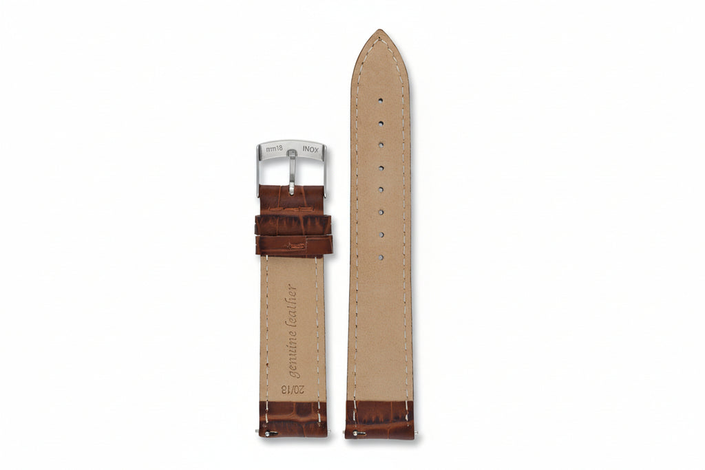 Brown leather watch strap with stitching detail on a white background